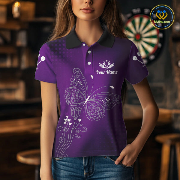 Custom Purple Butterflies Dart Team Polo Shirt For Women, Butterfly Dart Tournament Shirt NYN0476