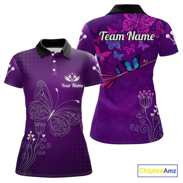 Custom Purple Butterflies Dart Team Polo Shirt For Women, Butterfly Dart Tournament Shirt NYN0476