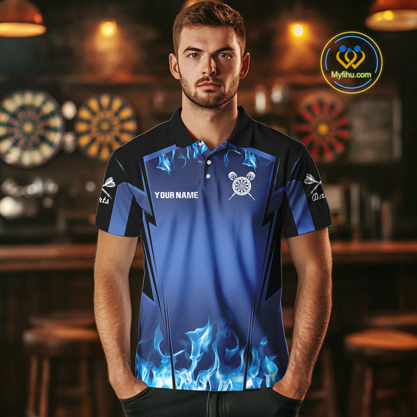 Custom Blue Flame Dartboard Dart Jerseys, Fire Dart Team Men Polo Shirt Dart Outfit NYN0481