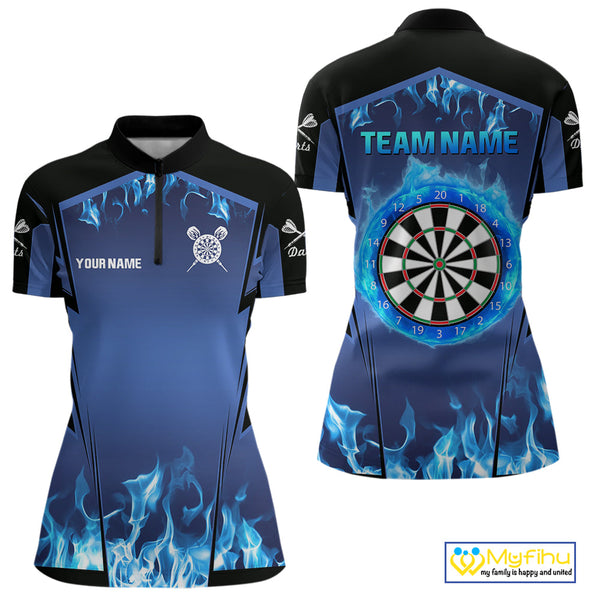 Custom Blue Flame Dartboard Dart Jerseys, Fire Dart Women Quarter-Zip Shirt Dart Outfit NYN0481