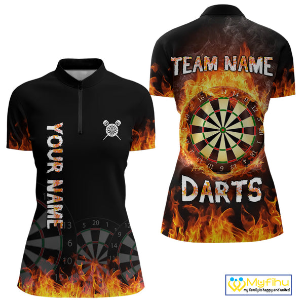Custom Fire Flame Dartboard Dart Team Women Quarter-Zip Shirts, Dart Tournament Shirt NYN0240