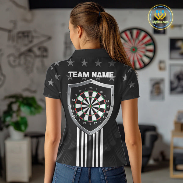 Custom Black And White US Flag Patriotic Dart Polo Shirt For Women, American Dart Shirt NYN0488