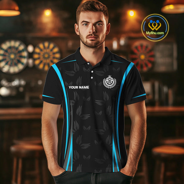 Custom Black And Blue Dart Wings Dart Polo Shirt For Men, Dart League Shirt NYN0495