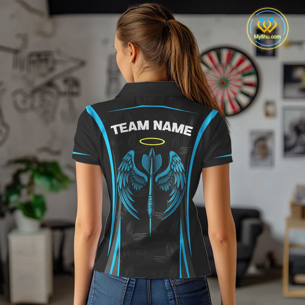 Custom Black And Blue Dart Wings Dart Polo Shirt For Women, Dart League Shirt NYN0495