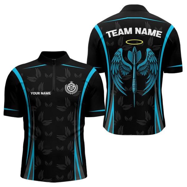 Custom Black And Blue Dart Wings Dart Quarter-Zip Shirt For Men, Dart League Shirt NYN0495