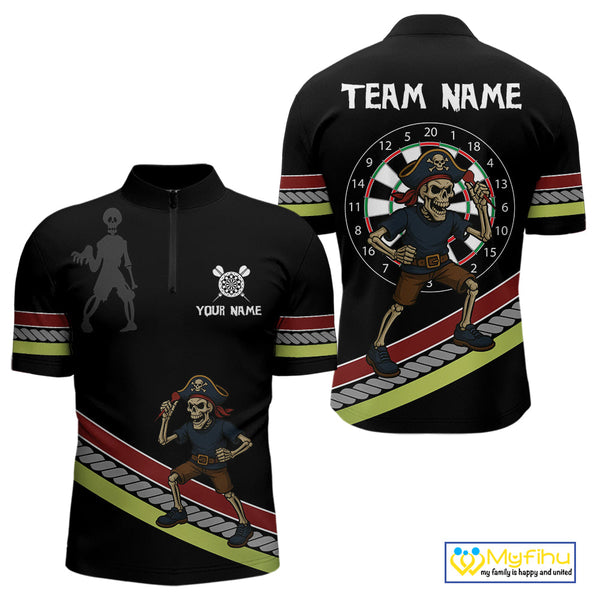 Custom Funny Pirate Skull Dart Quarter-Zip Shirts For Men, Dart Team Tournament Shirt NYN0252