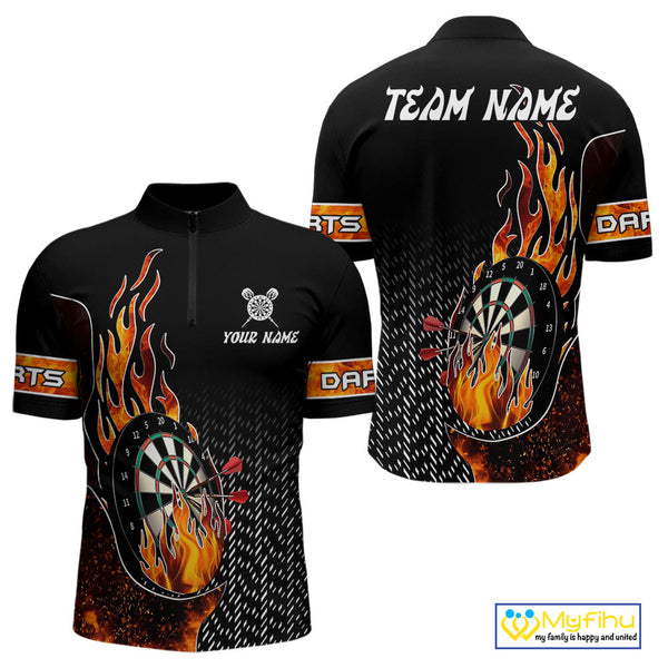 Custom Fire Flame Dartboard Dart Team Quarter-Zip Shirts For Men, Dart League Shirt NYN0253