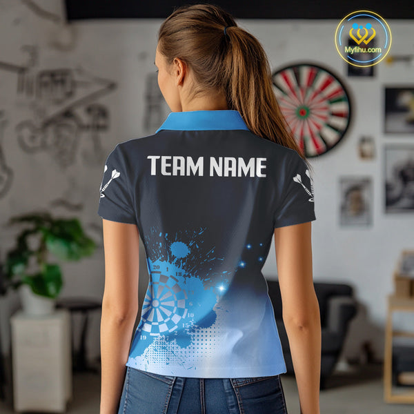 Custom Black And Blue Splatter Dartboard Dart Polo Shirts For Women, Dart Team Shirt NYN0267