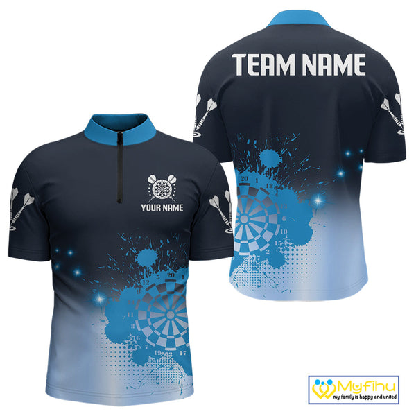 Custom Black And Blue Splatter Dartboard Dart Quarter-Zip Shirts For Men, Dart Team Shirt NYN0267