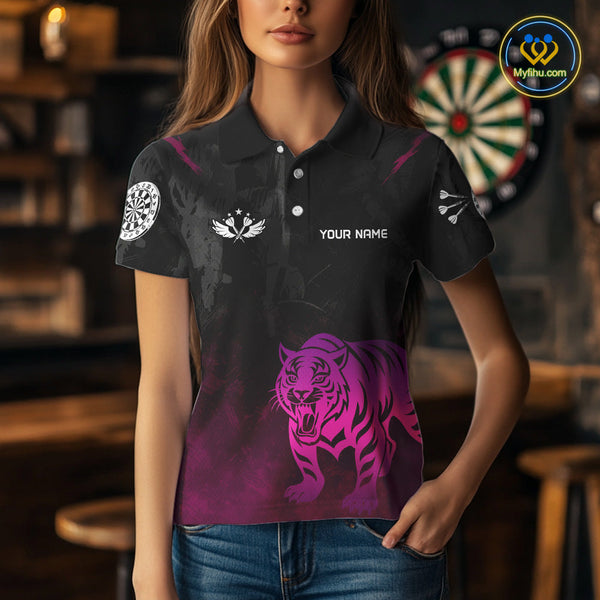 Custom Black And Purple Pink Tiger Dart Polo Team Shirts For Women, Tiger Dart Jerseys NYN0278