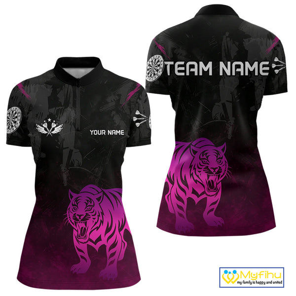 Custom Black And Purple Pink Tiger Dart Quarter-Zip Shirts For Women, Tiger Dart Jerseys NYN0278