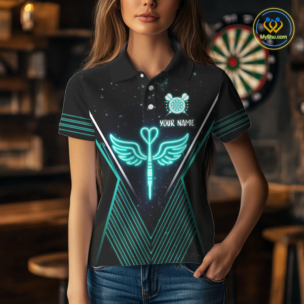 Custom Black And Blue Dart Wings Dart Polo Shirt For Women, Dart League Shirt NYN0555