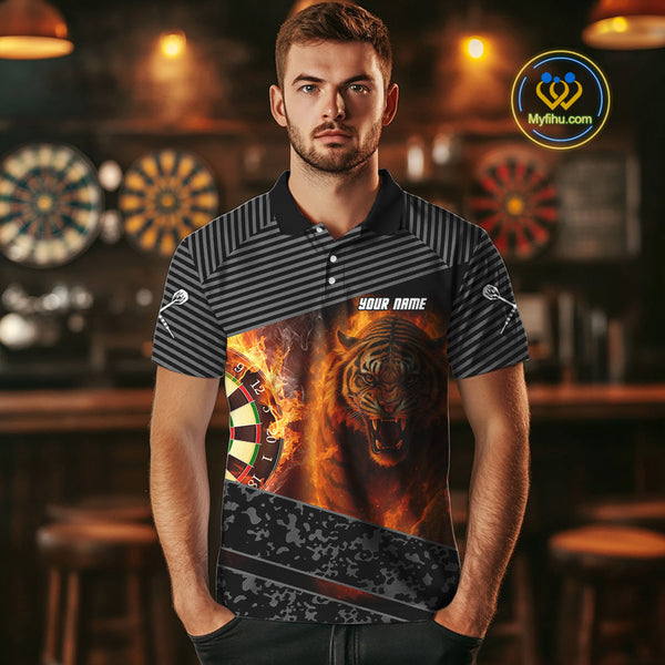 Custom Gray Camo Fire Flame Tiger Dart Team Men Polo Shirts, Dart Tournament Shirt NYN0299