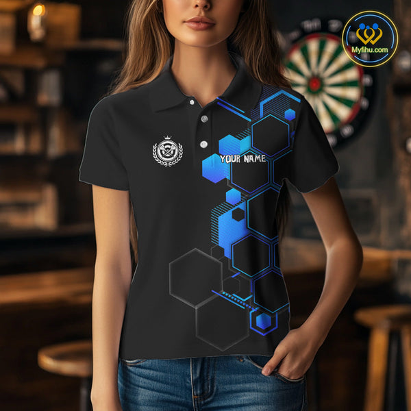 Custom Black And Blue Dartboard Jerseys, Dart Team Polo Shirt For Women NYN0559