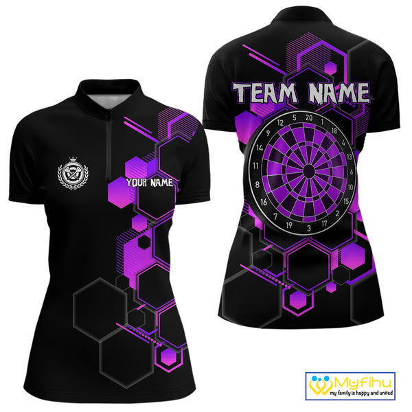 Custom Black And Purple Dartboard Jerseys, Dart Team Quarter-Zip Shirt For Women NYN0560
