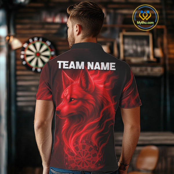 Custom Black And Red Fire Flame Wolf Dart Polo Shirt For Men, Dart Jersey NYN0574