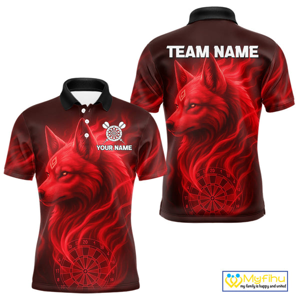 Custom Black And Red Fire Flame Wolf Dart Polo Shirt For Men, Dart Jersey NYN0574