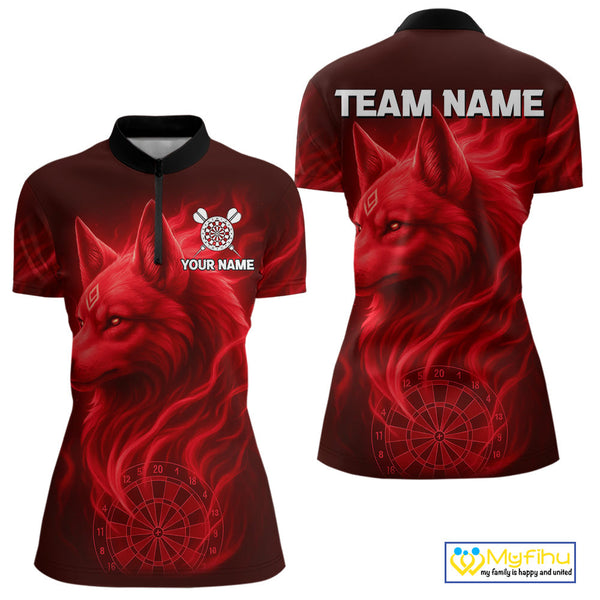 Custom Black And Red Fire Flame Wolf Dart Quarter-Zip Shirt For Women, Dart Jersey NYN0574