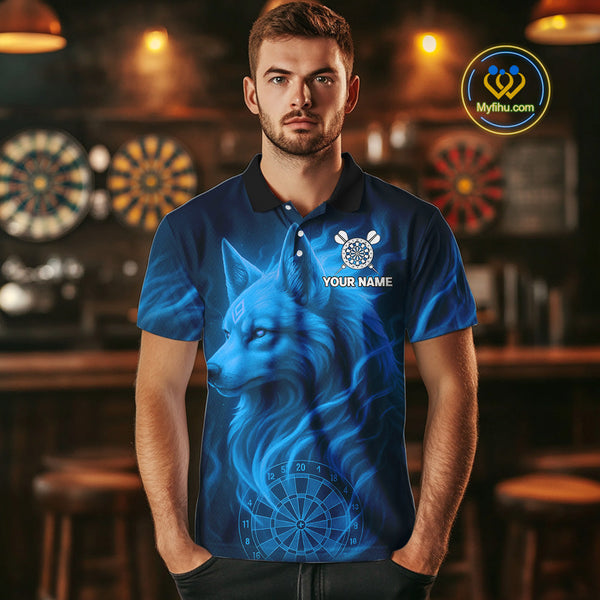 Custom Black And Blue Fire Flame Wolf Dart Polo Shirt For Men, Dart Jersey NYN0575