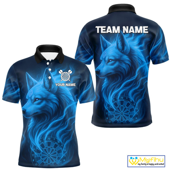 Custom Black And Blue Fire Flame Wolf Dart Polo Shirt For Men, Dart Jersey NYN0575