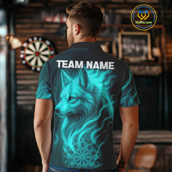 Custom Black And Turquoise Blue Fire Flame Wolf Dart Men Polo Shirt, Dart Jersey NYN0576