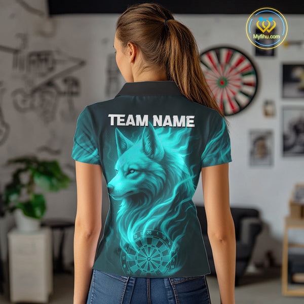 Custom Black And Turquoise Blue Fire Flame Wolf Dart Women Polo Shirt, Dart Jersey NYN0576