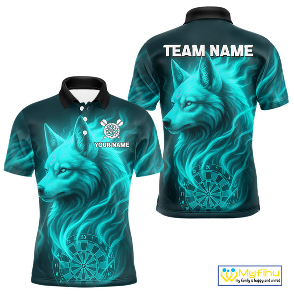 Custom Black And Turquoise Blue Fire Flame Wolf Dart Men Polo Shirt, Dart Jersey NYN0576