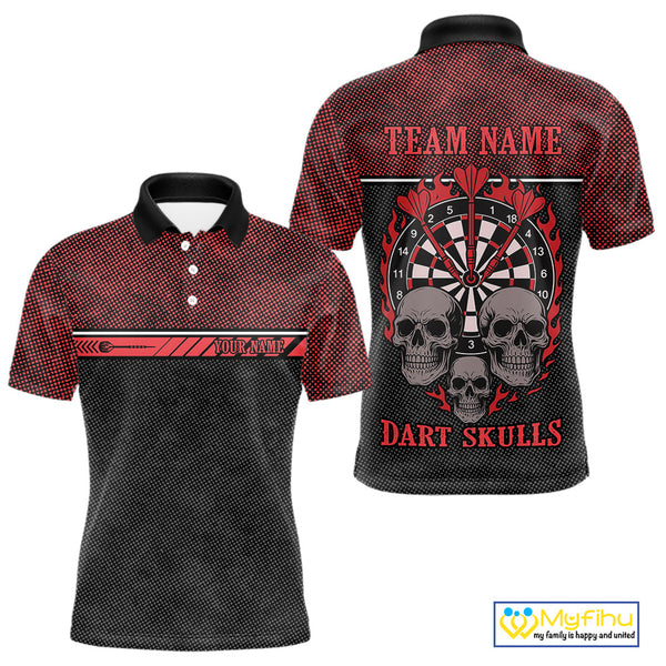 Custom Black And Red Flame Skull Dart Team Men Polo Shirts, Halloween Dart Outfit NYN0314