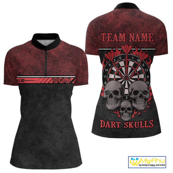 Custom Black And Red Flame Skull Dart Team Women Quarter-Zip Shirts, Halloween Dart Outfit NYN0314