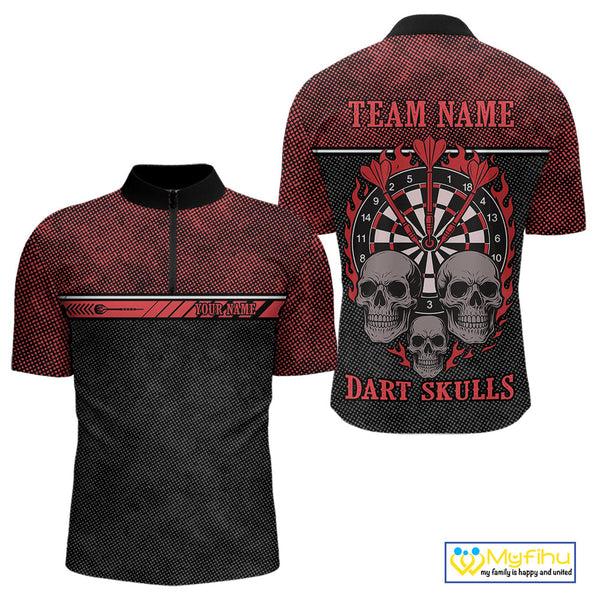 Custom Black And Red Flame Skull Dart Team Men Quarter-Zip Shirts, Halloween Dart Outfit NYN0314