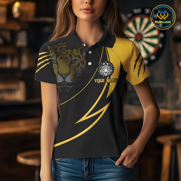 Custom Black And Yellow Panther Dart Team Women Polo Shirts, Panther Dart Jerseys NYN0323