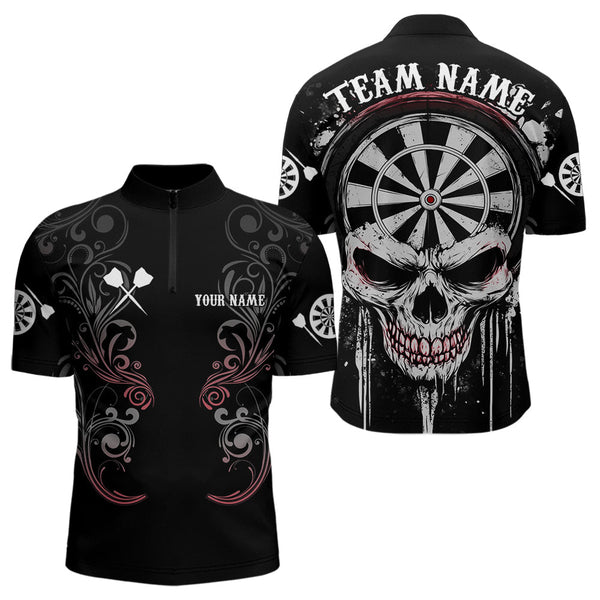 Custom Grunge Skull Dart Team Quarter-Zip Shirts For Men, Halloween Dart Outfits NYN0005