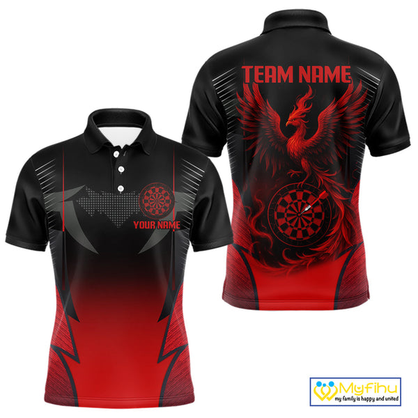 Custom Black And Red Phoenix Dart Team Men Polo Shirts, Dart League Shirt NYN0333