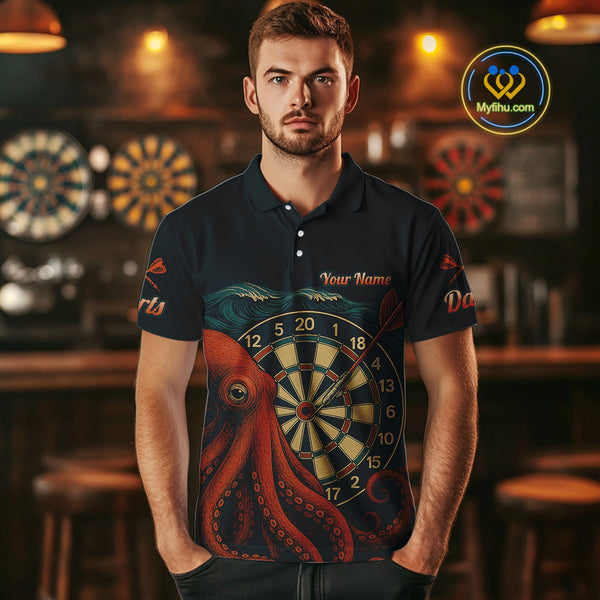 Custom Vintage Red Octopus Dart Polo Shirts For Men, Retro Dart Shirt NYN0344