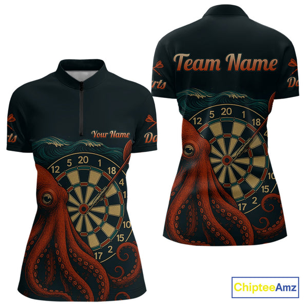 Custom Vintage Red Octopus Dart Quarter-Zip Shirts For Women, Retro Dart Shirt NYN0344