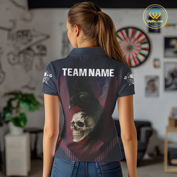 Custom Blue Red Raven And Skull Dart Polo Shirts For Women, Halloween Dart Outfit NYN0347