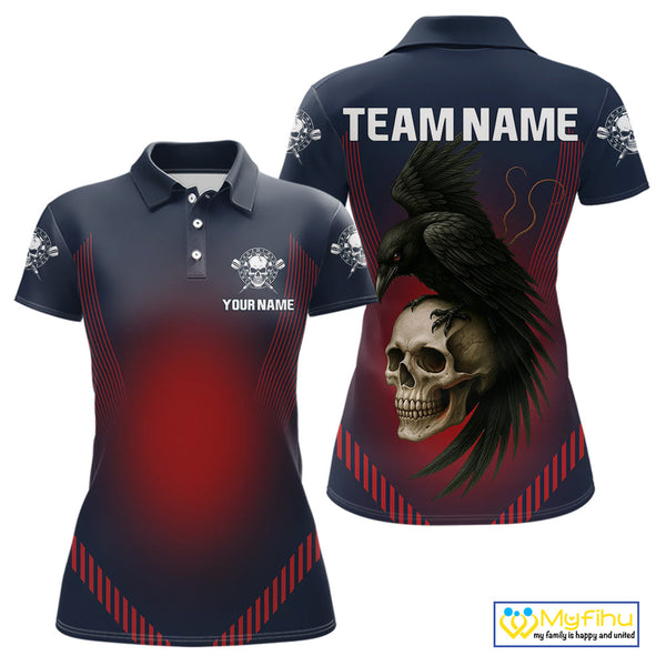 Custom Blue Red Raven And Skull Dart Polo Shirts For Women, Halloween Dart Outfit NYN0347