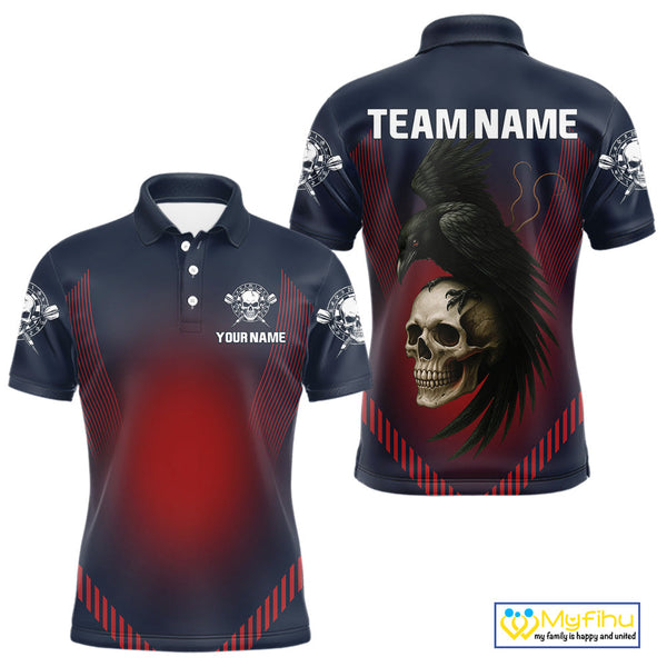Custom Blue Red Raven And Skull Dart Polo Shirts For Men, Halloween Dart Outfit NYN0347