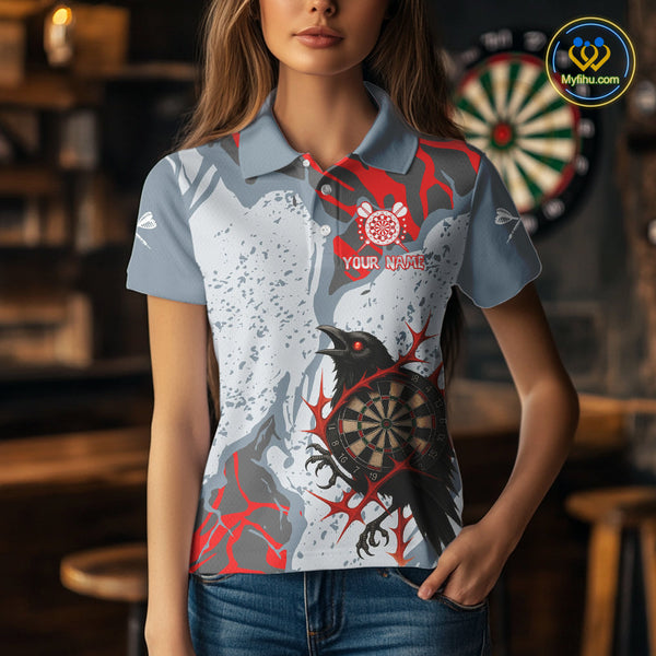 Custom Gray And Red Camo Raven Dart Polo Shirts For Women, Dart Team League Shirt NYN0349