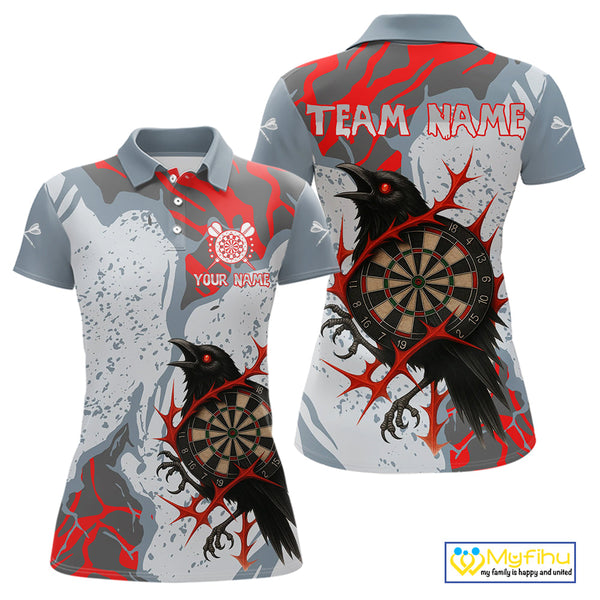 Custom Gray And Red Camo Raven Dart Polo Shirts For Women, Dart Team League Shirt NYN0349