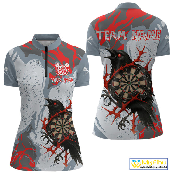 Custom Gray And Red Camo Raven Dart Quarter-Zip Shirts For Women, Dart Team League Shirt NYN0349