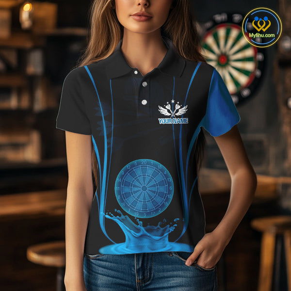 Custom Black And Blue Water Splash Dartboard Dart Team Women Polo Shirt, Dart Jerseys NYN0617