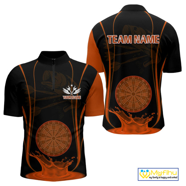 Custom Black And Orange Water Splash Dartboard Dart Team Men Quarter-Zip Shirt, Dart Jerseys NYN0618