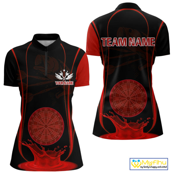 Custom Black And Red Water Splash Dartboard Dart Women Quarter-Zip Shirt, Dart Jerseys NYN0619