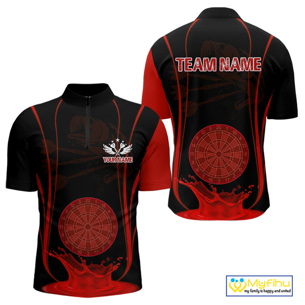 Custom Black And Red Water Splash Dartboard Dart Team Men Quarter-Zip Shirt, Dart Jerseys NYN0619