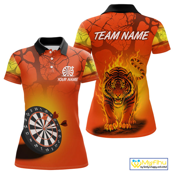 Custom Fire Flame Tiger Dart Team Women Polo Shirts, Tiger Dart Jerseys With Name NYN0357