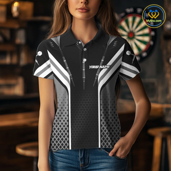 Custom Black And White Dart Jerseys, Dart Team Polo Shirts For Women, Dart League Shirt NYN0361