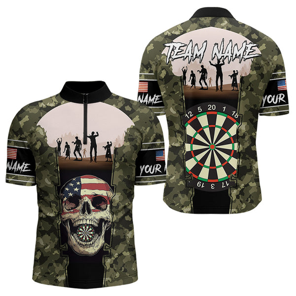 Custom Halloween Dart Outfits, Patriotic US Flag Skull Dart Men Quarter-Zip Shirt NYN0046