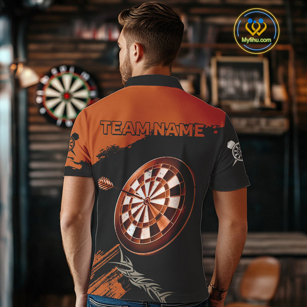 Custom Black And Orange Tribal Dart Polo Team Shirts For Men, Orange Dart Jerseys NYN0052