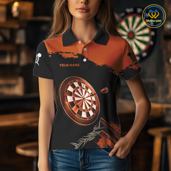 Custom Black And Orange Tribal Dart Polo Team Shirts For Women, Orange Dart Jerseys NYN0052